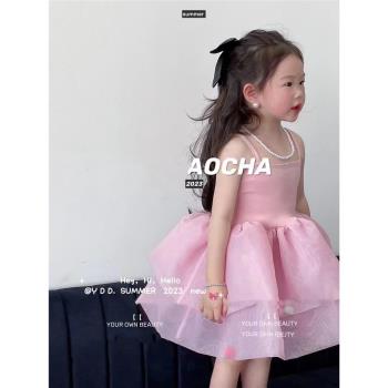 韓國童裝女童吊帶裙夏款洋氣女寶寶網紗蓬蓬裙兒童禮服生日公主裙