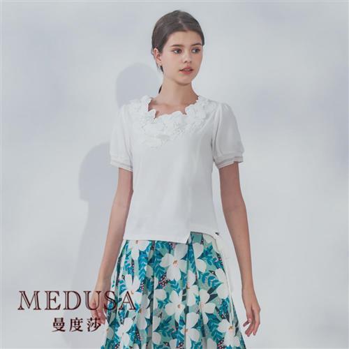 現貨【MEDUSA 曼度莎】斜切側綁結蕾絲花領上衣（M-XL）｜女上衣 女短袖上衣 女T恤