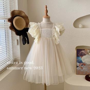 女童連衣裙夏季超仙蕾絲泡泡袖蓬蓬禮服公主裙小女孩韓版網紗裙子