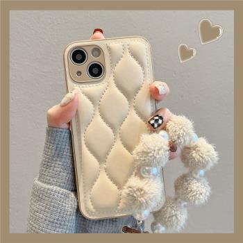 適用蘋果14promax手機殼ins風秋冬iPhone13新款高階感波浪羽絨服11毛絨手掛繩12手機套13pro小眾超火14pro女x
