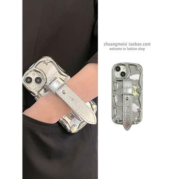 智格 ins冷淡風銀色腕帶適用于蘋果14手機殼iphone13pro小眾12promax女款11網紅鏡面14pro全包防摔保護套13