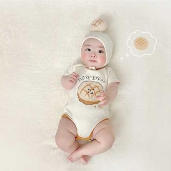 夏韓版短袖菠蘿卡通造型哈衣ins嬰兒男女寶寶包屁衣嬰兒連體爬服