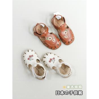 出口日本女童涼鞋包頭復古繡花皮鞋春夏鏤空白色公主鞋演出鞋軟底