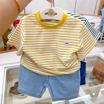 韓國中大童裝女童23夏新款男女兒童高彈條紋短袖T恤洋氣休閑上衣