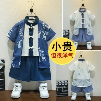 漢服男童夏季2023新款中國風古裝帥氣高端唐裝寶寶夏裝兒童演出服