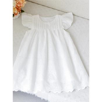 100-140韓版女童寶寶純色白色繡花連衣裙中小童純棉夏季飛袖裙子