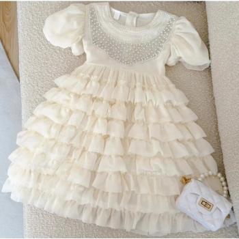 女童公主裙夏季2023新款洋氣小女孩珍珠領蛋糕裙子兒童高端連衣裙