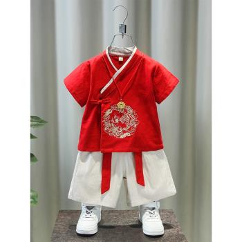 男童漢服夏季薄款中國風改良古裝男寶寶周歲禮服短袖唐裝抓周服裝