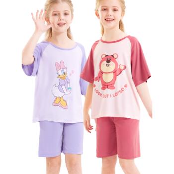 迪士尼兒童睡衣夏季薄款女童家居服套裝冰絲短袖草莓熊可愛中大童