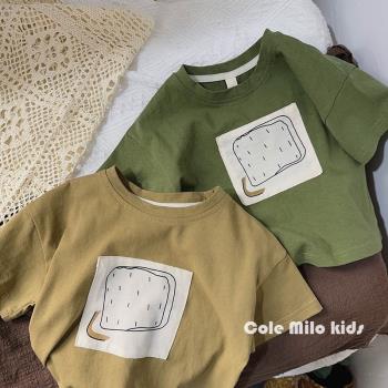 復古麻棉貼布~男童短袖t恤夏季2023女童寶寶半袖洋氣兒童上衣休閑