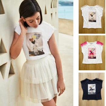 西班牙單夏季女童甜美洋氣公主風蕾絲愛心蝴蝶結全棉圓領短袖T恤