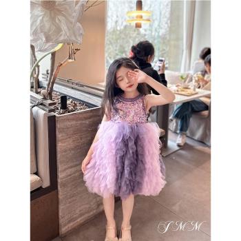 韓系女童夏裝2024新款紫色連衣裙兒童寶寶衣服迪士尼愛莎公主裙子