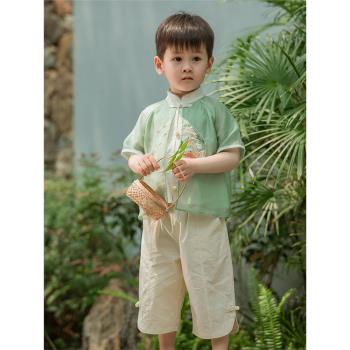 男童漢服夏季薄款兒童中國風套裝寶寶復古長亭刺繡唐裝六一演出服