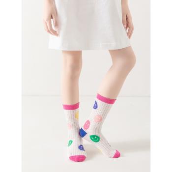 女童笑臉襪子韓國ins潮彩色中筒襪夏季薄款純棉卡絲網眼透氣長筒
