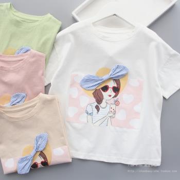女童短袖T恤夏裝2023新款洋氣兒童純棉半袖蝴蝶結小女孩體恤上衣