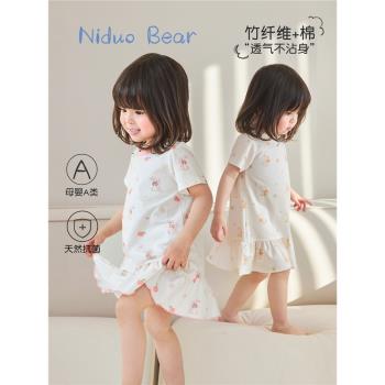 尼多熊2023年夏季新款兒童睡衣女童睡裙公主風寶寶短袖連體家居服