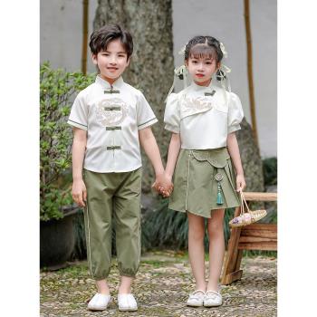 新中式唐裝男童夏季短袖薄款套裝國風女童漢服小學生國學演出班服