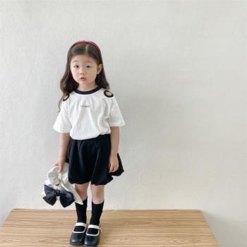 女童露肩短袖花苞褲兩件套2023夏季新款韓版洋氣女孩寶寶短袖套裝