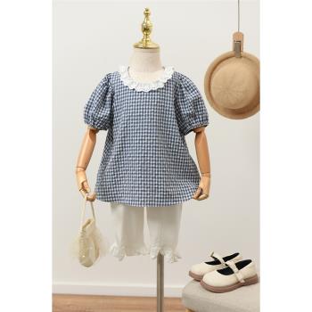 色織 兒童娃娃領T恤 女童圓領泡泡短袖上衣 藍白格子 中大童夏款