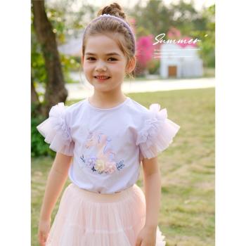 女童網紗短袖T恤薄款2023夏裝新款韓版可愛花邊飛袖兒童卡通上衣