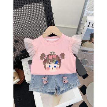 女童T恤2023夏裝新款兒童短袖時髦上衣寶寶洋氣寬松卡通印花衣服
