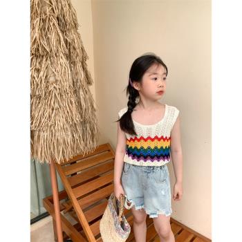 TOTObaby女童夏裝半袖針織上衣女寶寶洋氣復古彩虹冰絲鏤空背心