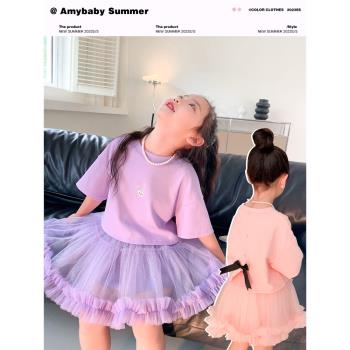 Amybaby女童T恤2023新款夏季兒童純色洋氣時髦夏裝圓領短袖上衣