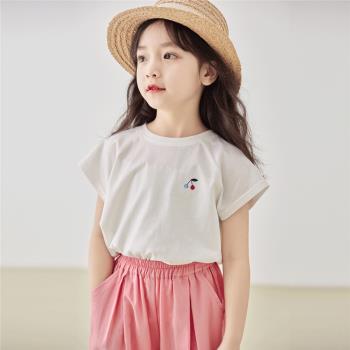 夏季女童印小櫻桃插肩短袖T恤百搭甜美可愛寬松舒適透氣吸汗上衣