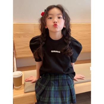 韓國童裝現貨2023夏季女童泡泡短袖珍珠T恤兒童修身上衣半袖T284