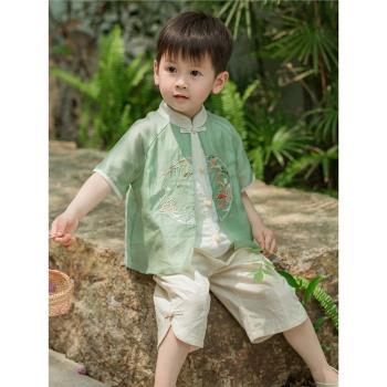 漢服男童夏季新品2023中國風復古薄款短袖少爺服兒童寶寶套裝唐裝