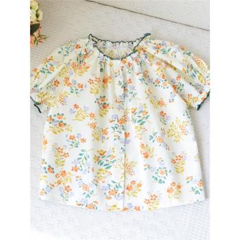 110-150女童寶寶梭織純棉短袖小開衫中小童夏季碎花襯衫花邊領袖