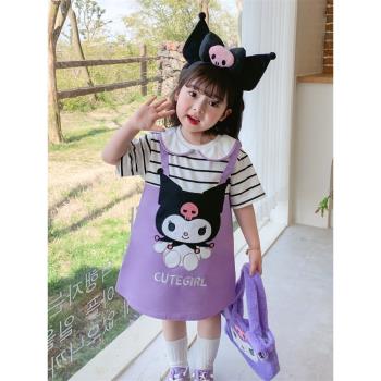 韓版女童甜美可愛娃娃領連衣裙夏裝庫洛米兒童短袖條紋假兩件裙子