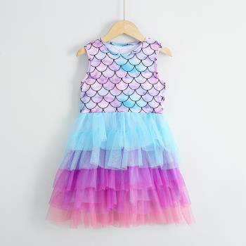 女童夏季短袖蛋糕紗裙洋氣人魚公主彩虹蓬蓬裙亮片小美人魚舞蹈服