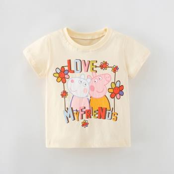 夏季女童花朵短袖T恤純棉卡通豬可愛上衣5歲兒童夏裝體恤半袖打底