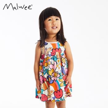 malwee兒童連衣裙夏新款歐美中小童洋氣印花背心裙可愛女童針織裙