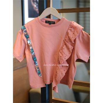 日本元OG~ 重磅拼接 蕾絲花邊領撞色條夏季新款女童寬松短袖T恤