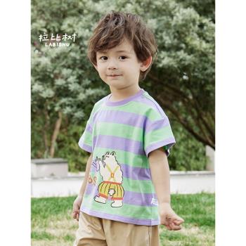 拉比樹童裝男童T恤2023夏季新款寶寶時尚條紋短袖上衣兒童運動衫