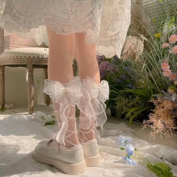 女童夏季洛麗塔中筒襪歐根紗蝴蝶結愛心釘珠兒童水晶玻璃絲襪子