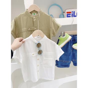 韓版男童短袖襯衣純棉薄款寶寶立領上衣洋氣2023夏季童裝兒童襯衫