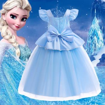 女童愛莎公主裙夏季正版冰雪奇緣艾莎紗裙高端生日藍色禮服長裙