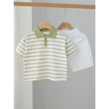 兒童短袖T恤男女童2023夏季新款小童純棉半袖上衣寶寶POLO衫條紋