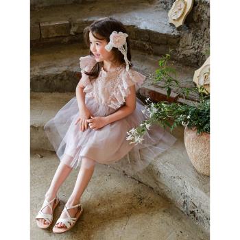女童連衣裙夏款2023新款韓國童裝兒童女孩公主風甜美蕾絲背心紗裙