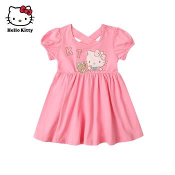 Hello Kitty童裝女童夏季甜美公主裙泡泡袖棉連衣裙子洋裝