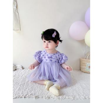 嬰兒公主網紗裙連體衣2023夏季新款新生兒寶寶滿月禮服哈衣連衣裙