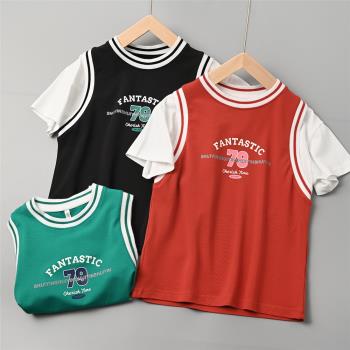可做姐弟裝 兒童假兩件籃球服T恤 男女童字母短袖上衣 中童 夏款