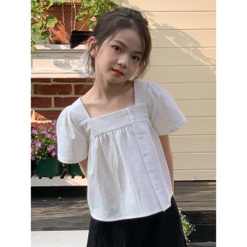 女童純棉娃娃衫2023夏季新款韓版兒童白色襯衣中大童短款方領上衣