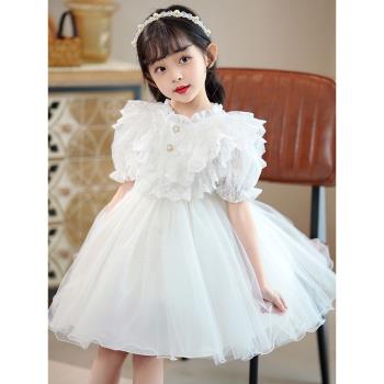 女童連衣裙2023夏裝兒童白色蕾絲公主裙小女孩生日花童婚禮禮服裙