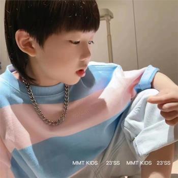 波拉韓國童裝女男孩2023夏裝純棉大條紋街舞短袖T恤親子兄妹上衣