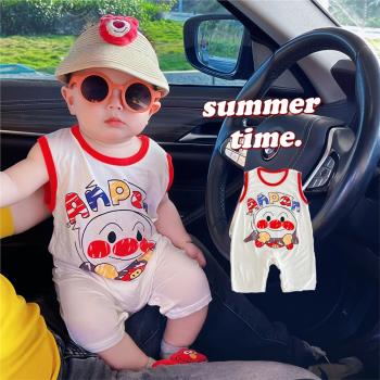 夏季薄款嬰兒連體衣無袖夏天透氣可愛卡通面包超人寶寶哈衣爬服