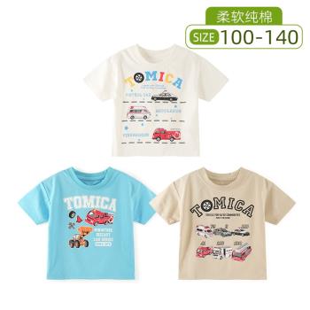 夏季兒童涼感T恤男童索羅納面料短袖衫寬松版型落肩卡通機車圖案